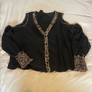 Leopard Trim Black Women's Top